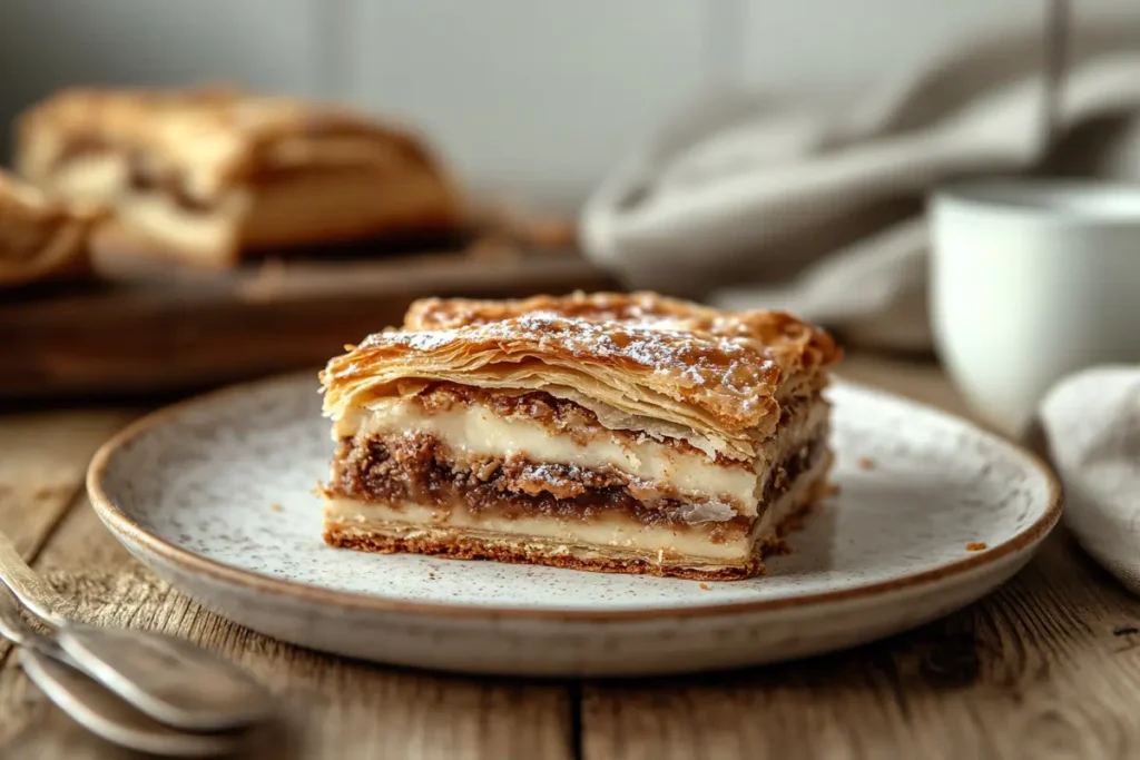 Traditional crookie with chocolate chips and flaky layers on a white plate, served with a glass of milk