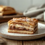 Traditional crookie with chocolate chips and flaky layers on a white plate, served with a glass of milk