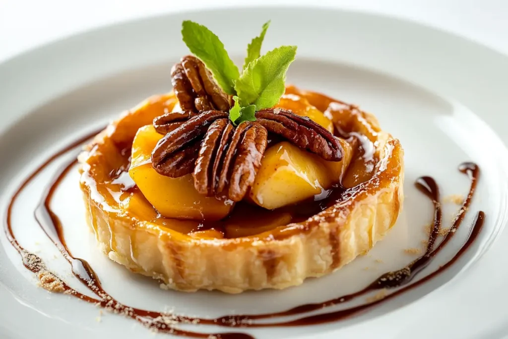 A plate of apple and pecan danish pastry tart, surrounded by icons representing health benefits like fiber from apples, healthy fats from pecans, and antioxidants – informative and fresh