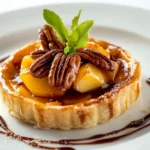 A plate of apple and pecan danish pastry tart, surrounded by icons representing health benefits like fiber from apples, healthy fats from pecans, and antioxidants – informative and fresh