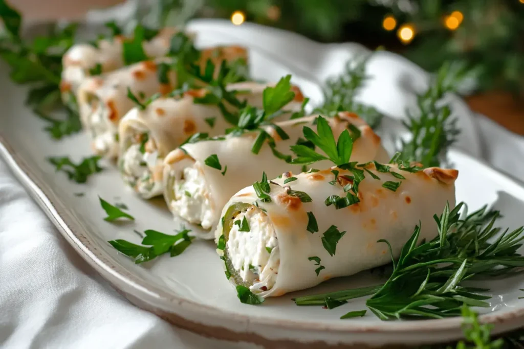 Plated egg roll wrapper goat cheese jalapeño roll with fresh herbs on an appetizer platter.