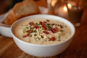 A bowl of Benignis potato soup topped with cheese, bacon, and parsley, served with bread.
