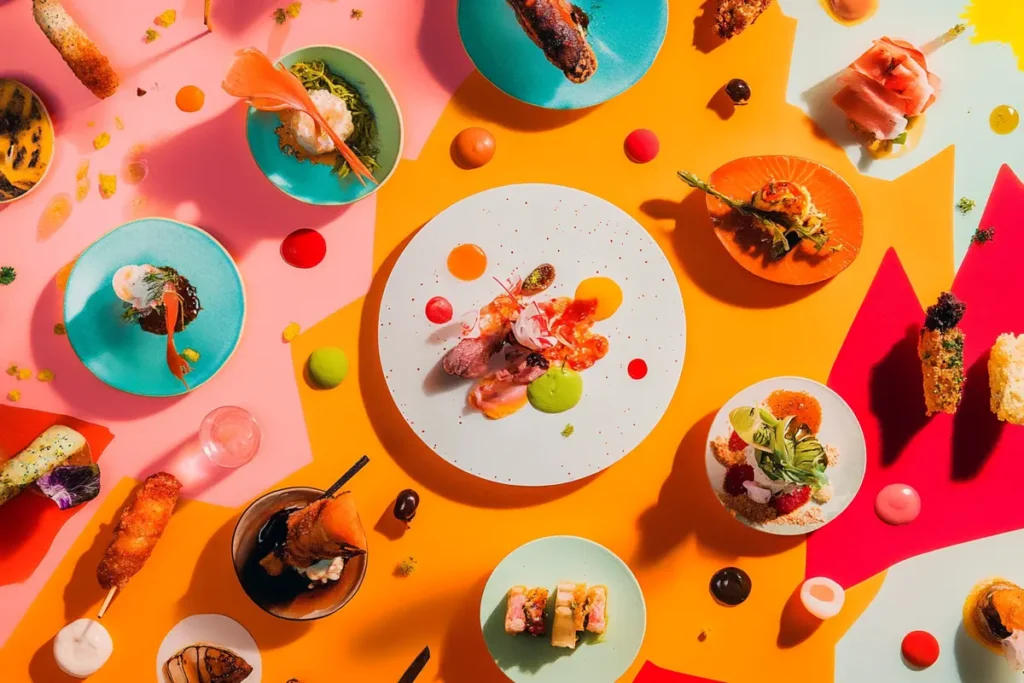 A collage of trending food dishes from various cuisines, showcasing the latest rising recipes and innovative culinary flavors.
