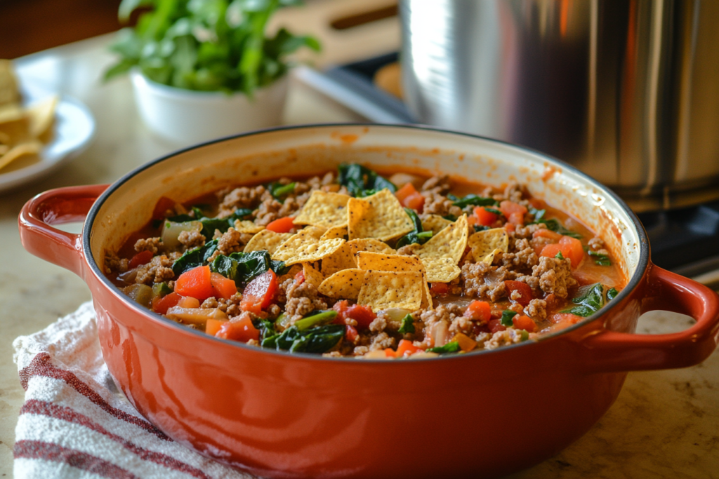A delicious bowl of taco soup Fritos served on a rustic wooden table, garnished with cheese, sour cream, and cilantro, with a warm and inviting background, highlighting the final dish – appetizing and satisfying