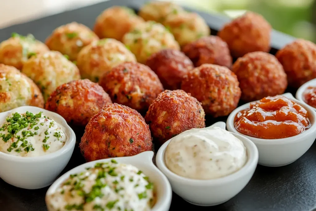 Assorted savory and sweet ham balls served as appetizers and main dishes at a festive party