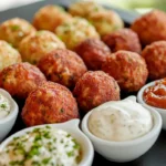 Assorted savory and sweet ham balls served as appetizers and main dishes at a festive party