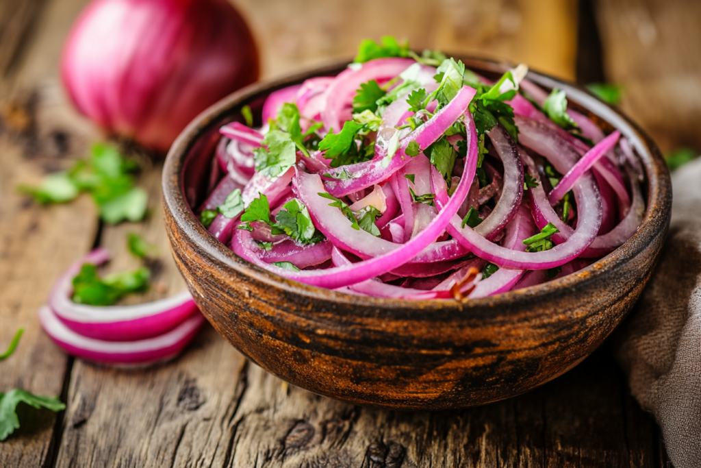 A bowl of cebolla ensalada surrounded by icons representing antioxidants, fiber, and vitamin C, highlighting the health benefits of onions, cilantro, and lime – fresh and informative