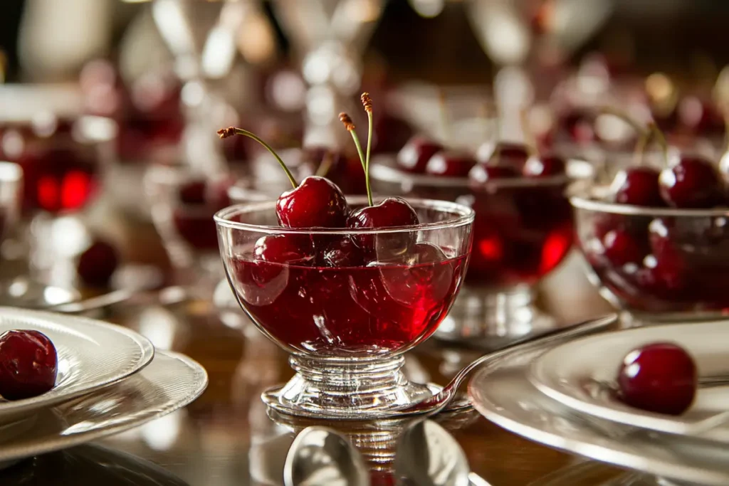 A jar of homemade cherry jelly surrounded by fresh cherries, lemon slices, and kitchen utensils on a wooden countertop.
