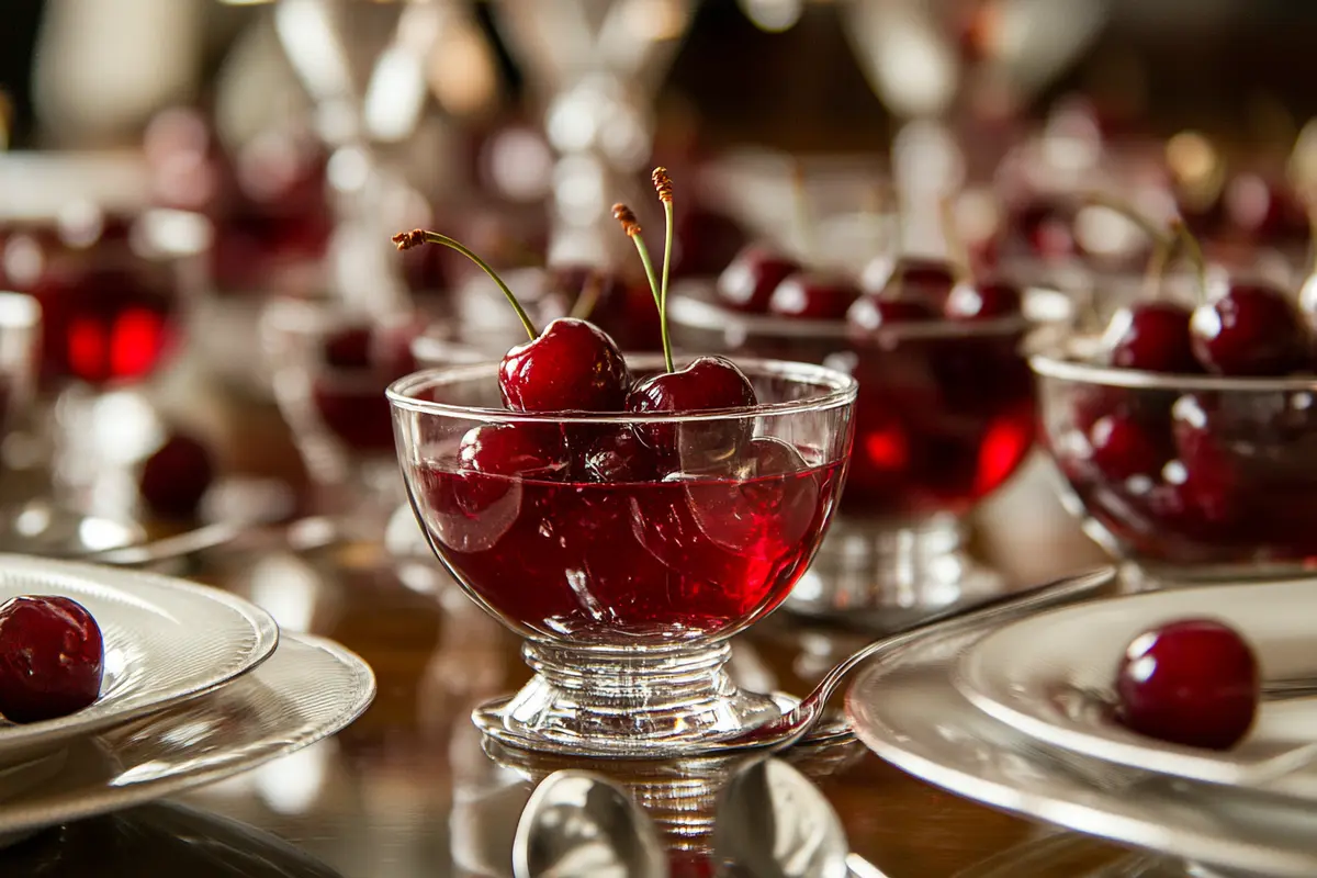 A jar of homemade cherry jelly surrounded by fresh cherries, lemon slices, and kitchen utensils on a wooden countertop.