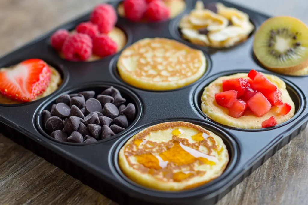Mini baked pancakes in a muffin pan, showcasing individual pancake muffins with toppings like fruit or chocolate chips, highlighting portion control and versatility – cute and convenient