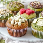 Several variations of matcha muffins with almond flour displayed, including classic, vegan, and white chocolate options, showcasing different flavor combinations – colorful and diverse