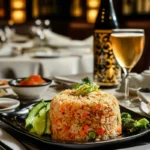 Japanese meal with Benihana chicken fried rice as the main dish, accompanied by side dishes like miso soup, steamed vegetables, gyoza
