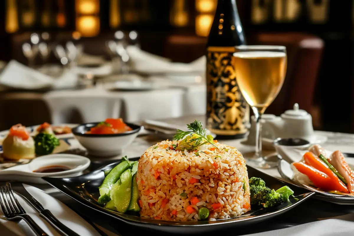 Japanese meal with Benihana chicken fried rice as the main dish, accompanied by side dishes like miso soup, steamed vegetables, gyoza