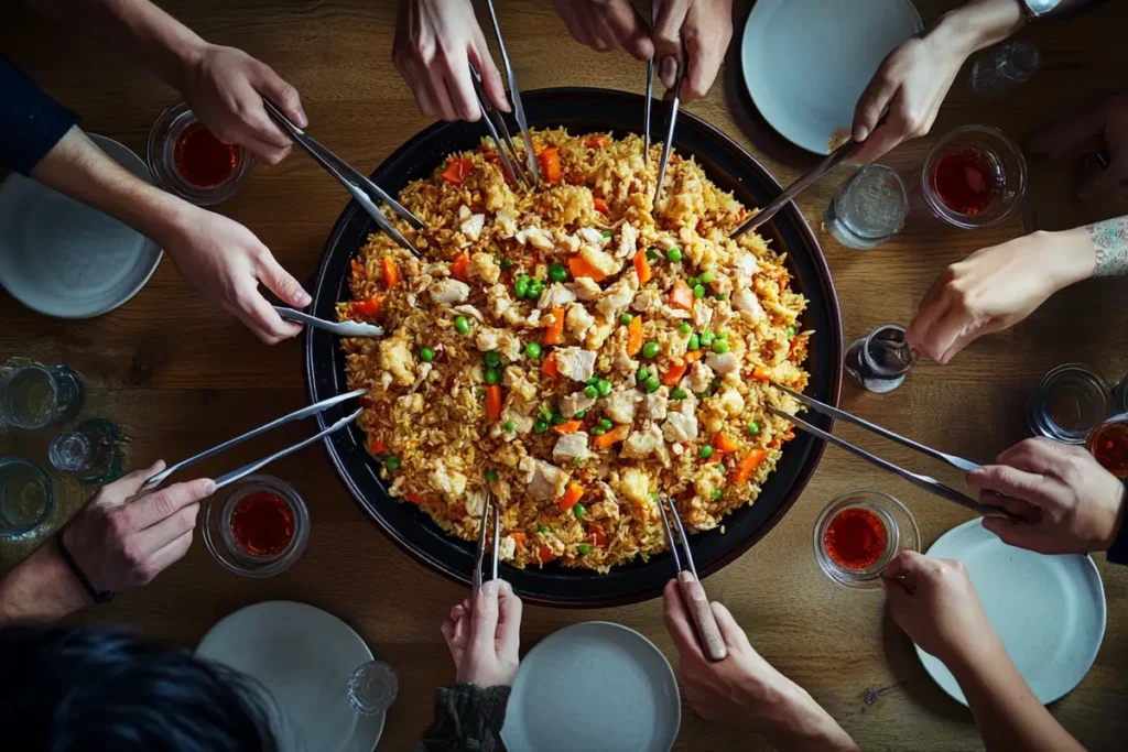 Chicken stir-fried rice, cultural chicken dish, flavor-packed poultry rice meal, authentic chicken-and-rice recipe.