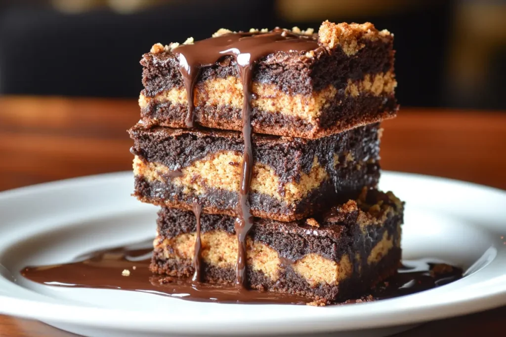 A plate of perfectly cut fudgy cake crumb brownies stacked on top of each other, with melted chocolate dripping from the top. The image conveys richness, indulgence, and the ultimate dessert satisfaction
