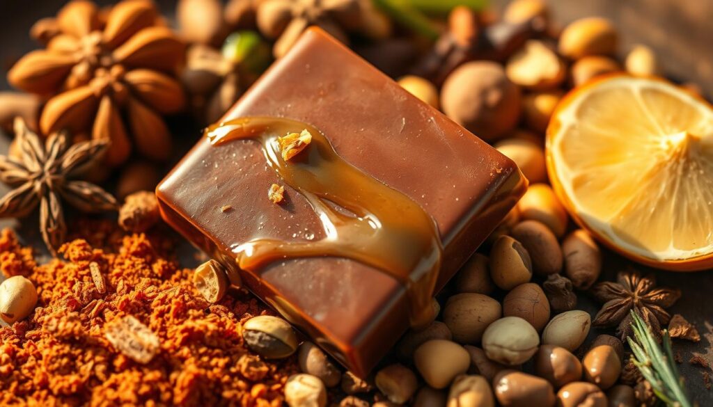 A beautifully crafted homemade Dubai chocolate creation, showcasing a rich, artisanal blend of cocoa and local Middle Eastern spices. The chocolate appears glossy and tempting, with a delicate drizzle of golden honey and a scattering of chopped, toasted pistachios. The scene is captured in warm, golden lighting, highlighting the intricate textures and vibrant colors of the ingredients. The composition features the chocolate nestled amongst a selection of spices, herbs, and dried fruit, evoking the lively flavors and aromas of Dubai's vibrant culinary landscape. The overall mood is one of craftsmanship, indulgence, and a celebration of local, authentic culinary traditions.