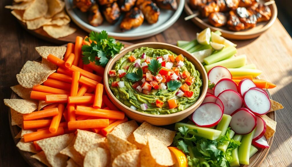 A bountiful spread of serving suggestions for a homemade guacamole dish. An artful arrangement of various accompaniments laid out on a rustic wooden table, bathed in warm, natural lighting. In the foreground, crisp tortilla chips, crunchy carrot and celery sticks, and colorful sliced radishes. In the middle, a creamy, green guacamole dip, garnished with diced tomatoes, red onion, and fresh cilantro. The background features a few additional serving options, such as grilled chicken skewers and sliced lime wedges, creating a visually appealing and appetizing scene. The overall mood is fresh, vibrant, and inviting, perfectly complementing the "Quick 4-Ingredient Guacamole Recipe You'll Love" article.