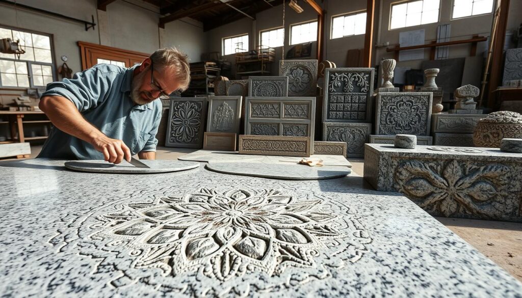 A captivating composition showcasing intricate stonecutting design ideas. In the foreground, a skilled artisan meticulously chisels a detailed pattern into a smooth granite slab, their tools casting dynamic shadows. The middle ground features an array of finished stonework, ranging from classic geometric motifs to organic, flowing shapes. In the background, a well-lit workshop setting with high ceilings and large windows, allowing natural light to pour in and accentuate the textures and hues of the stone. The overall mood is one of craftsmanship, precision, and the timeless beauty of stonework, perfectly capturing the essence of the "Real-life Applications of Stonecutting" section.