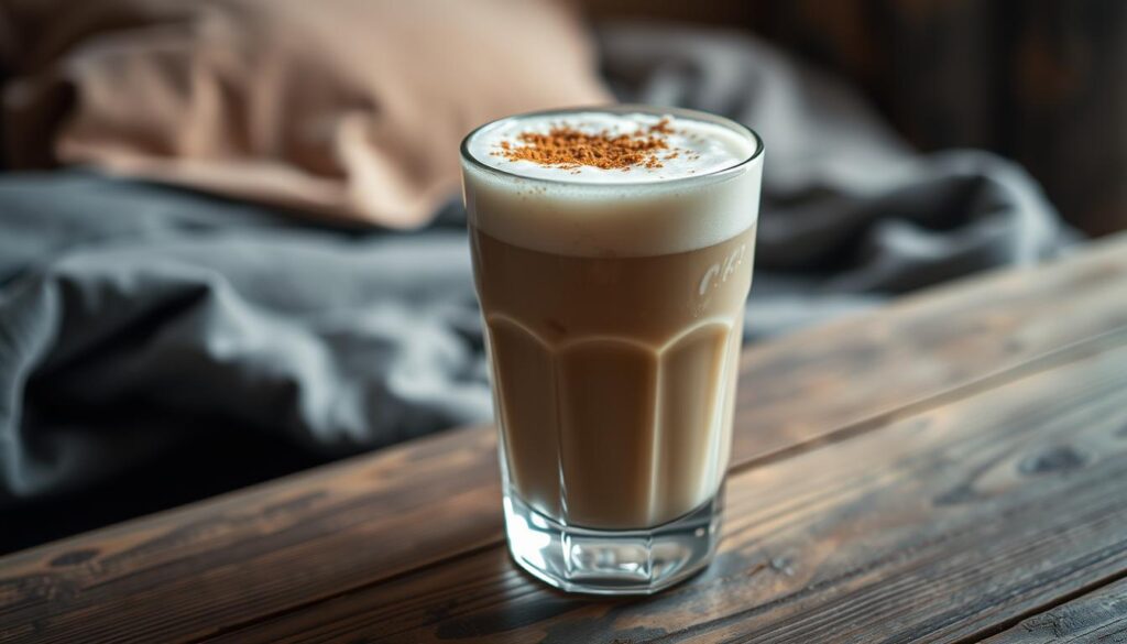 A chilled glass filled with a creamy, frothy cold foam drink, garnished with a sprinkle of cinnamon or cocoa powder. The drink sits on a rustic wooden surface, with soft, natural lighting illuminating the delicate foam texture. In the background, a cozy, inviting atmosphere with muted colors and a gentle blur, suggesting a comfortable, intimate setting. The overall mood is calm, comforting, and visually appealing, reflecting the soothing nature of the cold foam recipe.