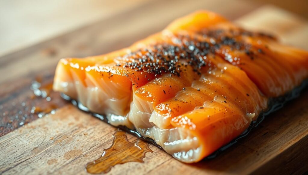 A close-up of delicately smoked salmon, glistening with a thin layer of golden brown glaze. The fish is resting on a rustic wooden cutting board, with a hint of natural wood grain visible. Soft, warm lighting from the side creates subtle shadows, accentuating the flaky texture and intricate patterns of the lightly charred salmon skin. The overall scene evokes a sense of culinary craftsmanship and the comforting aroma of slow-smoked fish. The background is blurred, allowing the focus to remain solely on the beautifully presented salmon.