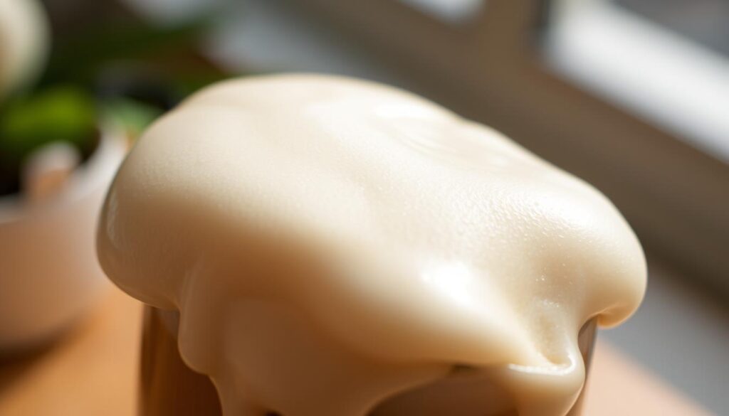 A close-up shot of a creamy, luscious cold foam topping cascading over the edge of a glass or cup. The foam is thick, silky, and has a soft, pillowy texture, glistening under soft, natural light. The surface is smooth and even, with a slight sheen and gentle peaks and curves. The background is blurred and out of focus, placing the emphasis on the detailed, textural quality of the cold foam. The lighting casts subtle shadows and highlights, accentuating the depth and volume of the topping. The image conveys a sense of indulgence, comfort, and the satisfying experience of enjoying a specialty coffee or beverage with a decadent cold foam topping.