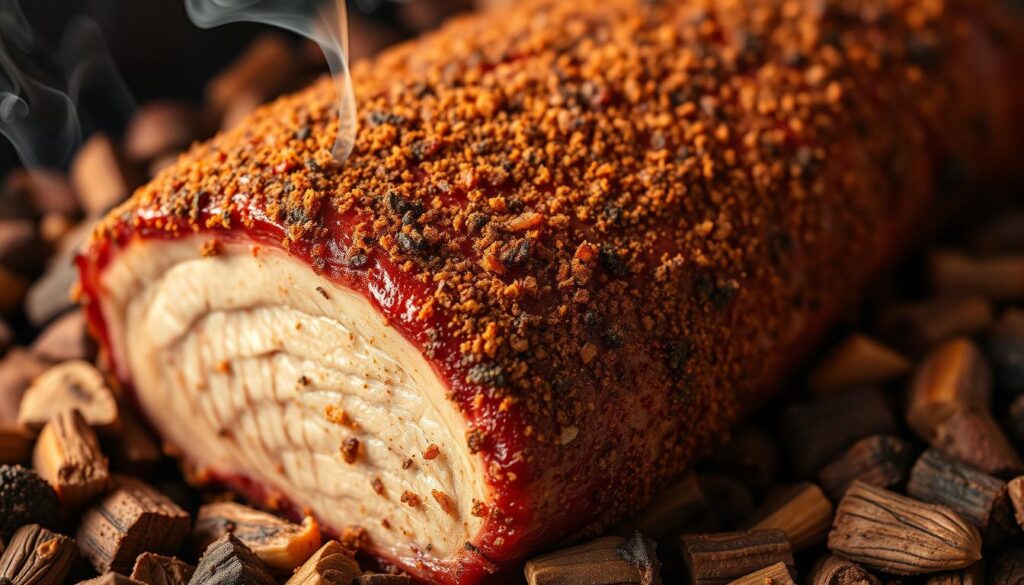 A close-up shot of a hand-rubbed smoked pork loin, its surface glistening with a deep, mahogany-colored rub. The rub is a blend of brown sugar, paprika, garlic powder, onion powder, and a hint of cayenne, creating a complex, savory-sweet flavor. The pork loin is resting on a bed of smoky, fragrant wood chips, with a gentle wisp of smoke rising from the edges. The lighting casts a warm, golden glow, highlighting the tender texture and rich caramelization of the meat. The composition is framed to showcase the intricate details of the rub, inviting the viewer to imagine the mouthwatering aroma and flavor of this perfectly smoked pork loin.