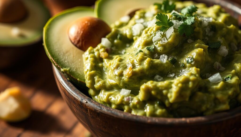 A close-up shot of homemade guacamole in a rustic bowl, artfully arranged with sliced avocados, diced onions, chopped cilantro, and a sprinkle of sea salt. The guacamole has a vibrant green color and a creamy, inviting texture, lit by warm, natural lighting that casts gentle shadows, creating depth and dimension. The background is slightly blurred, emphasizing the hero shot of the guacamole and drawing the viewer's attention to the delectable details. The overall mood is one of simplicity, freshness, and culinary expertise, alluding to the "Common Mistakes to Avoid" section of the recipe article.