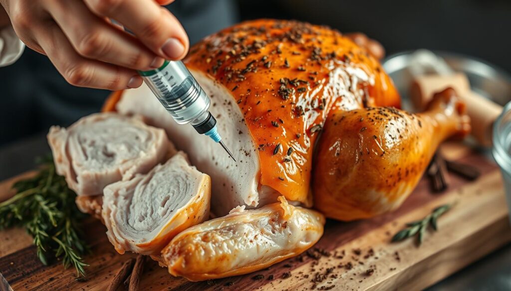A close-up view of a chef's hand carefully injecting a seasoned turkey with a large syringe, the bird's succulent flesh glistening under the warm, soft lighting. The crisp, golden-brown turkey sits on a rustic wooden cutting board, surrounded by fragrant herbs and spices. The image conveys the precision and care required to create a perfectly juicy and flavorful centerpiece for a holiday feast.