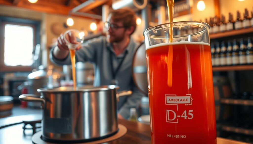 A cozy brewing scene with warm, amber-hued lighting. In the foreground, a glass beaker filled with rich, caramel-colored Amber Candi Syrup D-45, its viscous liquid slowly dripping into a stainless steel pot. In the middle ground, a brewmaster carefully measures and pours the syrup, their face reflecting the glow of the liquid. The background features a rustic, vintage-inspired brewing setup, with copper kettles, wooden barrels, and shelves of bottled ales. The atmosphere is one of focus, precision, and the artistry of the brewing process.