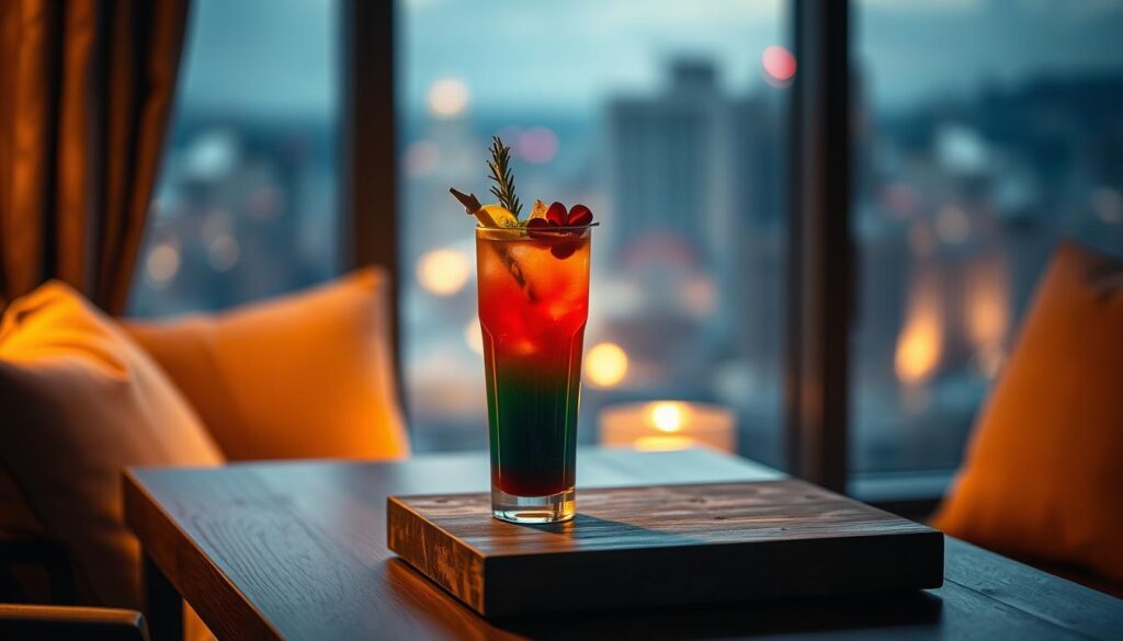 A cozy, dimly lit scene featuring a stylishly presented stress-relief cocktail, resting atop a wooden table. The drink is center stage, showcasing vibrant colors and garnishes that entice the viewer. Soft, warm lighting casts a gentle glow, creating an inviting, relaxing atmosphere. In the background, a hazy, blurred city skyline or natural landscape suggests an urban retreat or peaceful escape. The overall composition evokes a sense of tranquility, encouraging the viewer to pause, sip, and unwind.