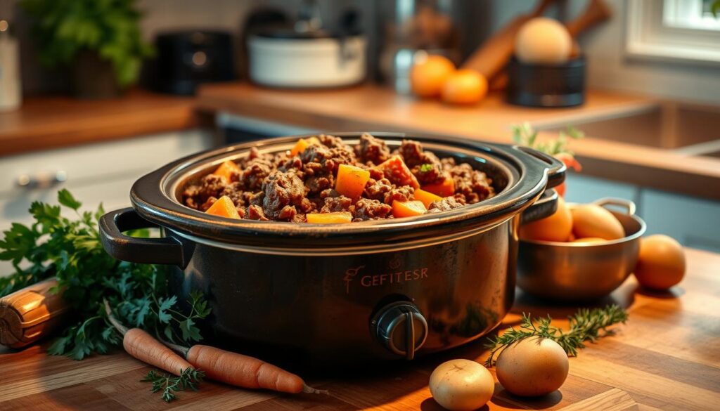 A cozy kitchen counter showcases a rustic crock pot filled with savory ground beef stew, surrounded by fresh herbs, carrots, and potatoes. Warm, soft lighting casts a gentle glow, creating an inviting atmosphere perfect for entertaining family and friends. The scene evokes the comforting aroma of a homemade meal simmering to perfection, perfect for an evening of relaxation and conversation.