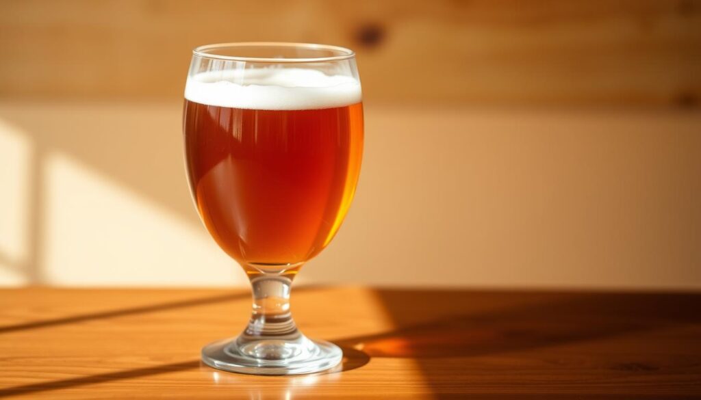 A crisp, detailed amber ale glass filled with a rich, golden liquid, resting on a clean, wooden surface. The glass has a classic tulip shape, with a wide body tapering towards the rim, showcasing the beer's color and carbonation. The lighting is natural and warm, casting a gentle glow on the glass and highlighting the amber hues. The background is slightly blurred, drawing the viewer's focus to the captivating centerpiece of the image - the expertly crafted amber ale, ready to be savored and enjoyed.