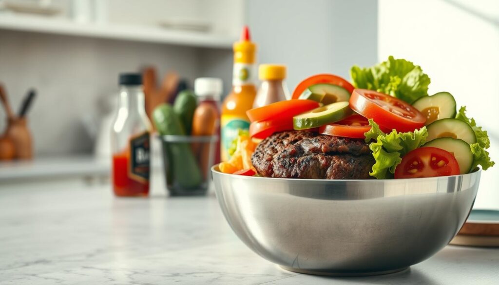 A customizable burger bowl with a selection of mouthwatering toppings arranged in a visually appealing manner. In the foreground, a stainless steel bowl filled with a juicy, perfectly cooked beef patty, accompanied by an array of fresh ingredients such as crisp lettuce, juicy tomatoes, tangy pickles, and creamy avocado slices. The middle ground showcases an assortment of condiments, including tangy barbecue sauce, zesty mustard, and rich mayonnaise, all within easy reach. In the background, a clean, minimalist kitchen counter provides a clean, uncluttered backdrop, with natural lighting streaming in from the side, creating a warm, inviting atmosphere. The overall composition emphasizes the versatility and customizability of the burger bowl, inspiring the viewer to experiment with their own flavor combinations.