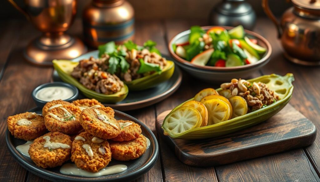 A delectable array of chayote appetizers, artfully presented on a rustic wooden table. In the foreground, a platter showcases crispy chayote fritters, their golden brown exteriors complemented by a drizzle of creamy garlic-herb sauce. Beside it, a classic chayote stuffed with a savory blend of minced pork, mushrooms, and fragrant spices. In the middle ground, a vibrant chayote salad, its slices tossed with fresh herbs, tangy vinaigrette, and toasted pine nuts. The background features a copper-toned, vintage-inspired setting, with soft, warm lighting casting a cozy glow over the scene. The overall atmosphere evokes a sense of refined, yet inviting, culinary sophistication.