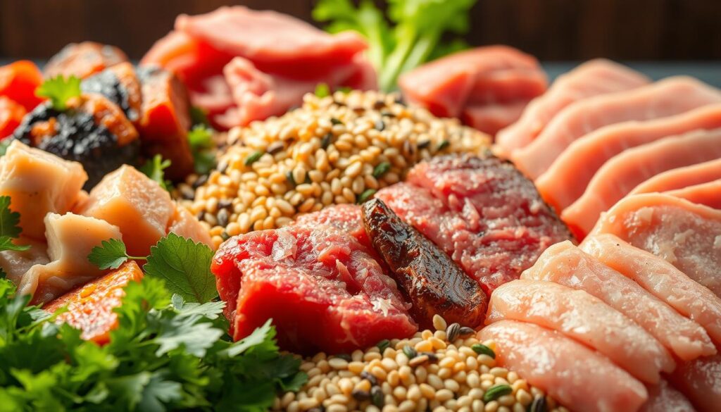 A delectable array of freshly prepared fish food, featuring a variety of nutrient-rich meats. In the foreground, juicy chunks of chicken, beef, and pork are carefully arranged, accompanied by vibrant green leafy greens and colorful vegetables. The middle ground showcases a medley of grains, seeds, and pellets, providing a balanced and complete meal for your aquatic companions. Soft, diffused lighting casts a warm glow, illuminating the textures and colors of the ingredients, creating an appetizing and inviting scene. The overall composition is visually striking, capturing the essence of a nourishing and wholesome fish food recipe.