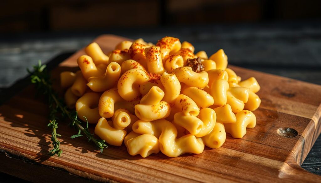 A delectable smoked mac and cheese, the golden-brown crust glistening under the warm glow of a rustic kitchen. Elbow macaroni nestled in a creamy, smoky cheese sauce, infused with the rich aroma of oak wood chips. The dish is presented on a weathered wooden cutting board, complemented by stray sprigs of fresh thyme and a light dusting of paprika. Shadows cast by the soft lighting create depth and texture, highlighting the dish's comforting, homemade character. This unique smoker recipe is sure to impress and delight the senses, a testament to the art of elevating a classic comfort food.
