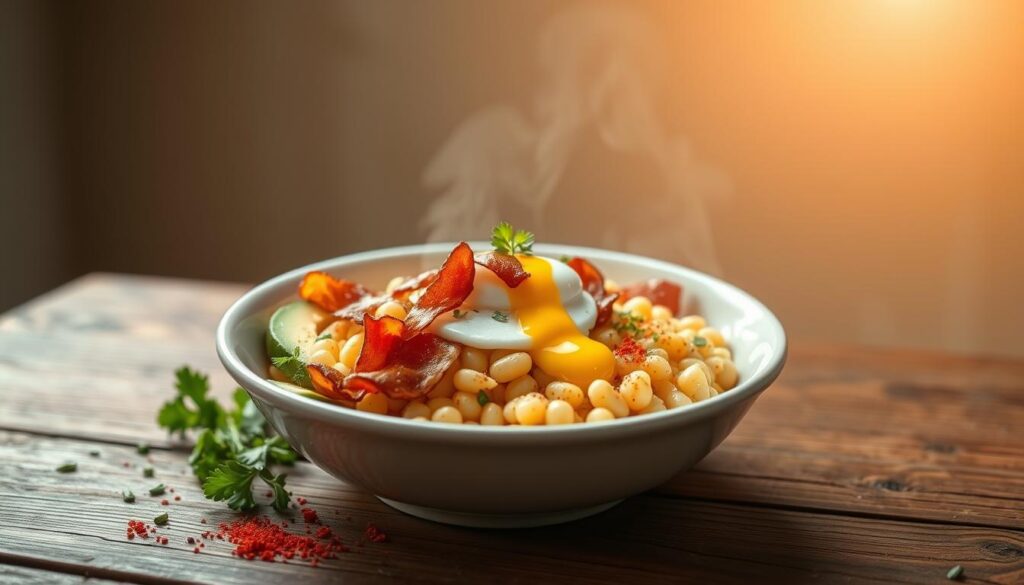 A delightful hominy breakfast bowl sits atop a rustic wooden table, bathed in warm, natural lighting that casts a cozy glow. In the foreground, the steaming bowl is filled with creamy, golden hominy, topped with vibrant slices of avocado, crisp bacon, and a soft-boiled egg whose runny yolk oozes over the savory ingredients. In the middle ground, a scatter of fresh herbs and a sprinkle of paprika add vivid pops of color and depth of flavor. The background features a simple, neutral-toned wall, allowing the nourishing, comforting dish to take center stage and entice the senses.