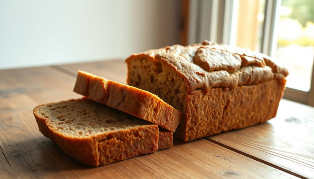 A delightful loaf of freshly baked, healthier banana bread, resting on a rustic wooden table. The bread is a warm, golden brown, with visible flecks of whole wheat flour and a hint of cinnamon. Slices are neatly arranged, revealing a moist, tender crumb dotted with sweet banana chunks. Sunlight filters through a nearby window, casting a soft, natural glow on the scene. The overall atmosphere is one of simple, wholesome goodness, inviting the viewer to indulge in a slice of this nutritious, homemade treat.