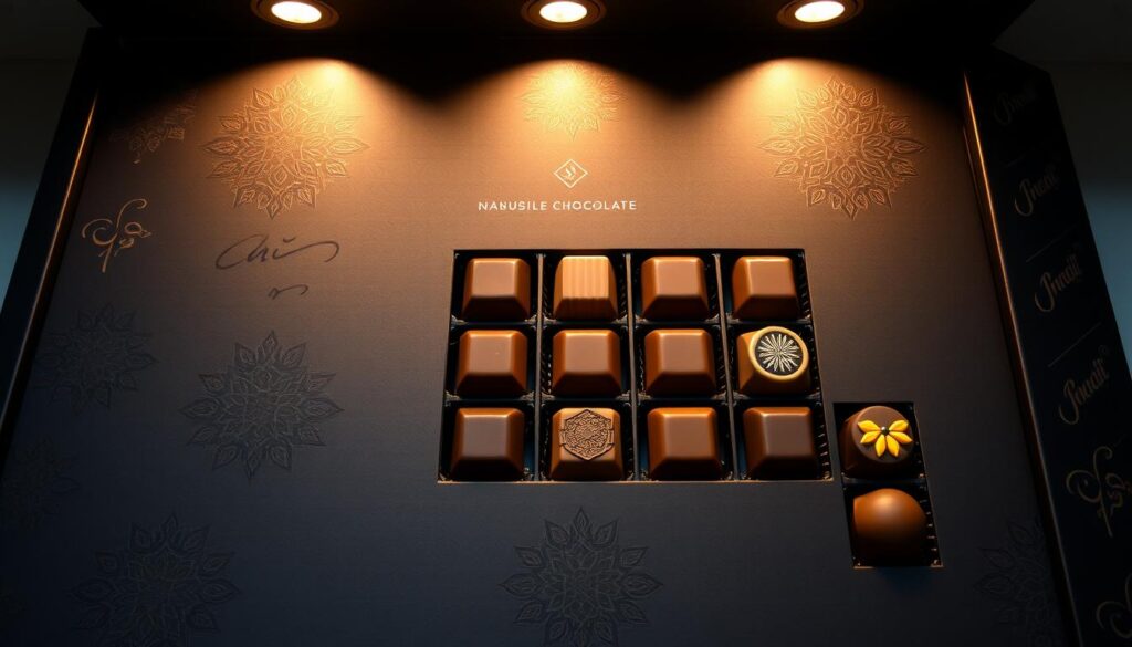 A deluxe, artisanal Dubai chocolate box with elegant calligraphic patterns and Arabic motifs. The packaging is crafted from premium matte black paper, embossed with intricate designs inspired by traditional Middle Eastern architecture. The chocolate pieces are arranged in symmetrical rows, each one a decadent blend of rich cocoa and warm spices like cardamom and saffron. Soft, indirect lighting from above casts gentle shadows, highlighting the luxurious textures and drawing the eye to the carefully curated display. The overall effect is one of refined opulence, befitting the indulgent Dubai chocolate within.