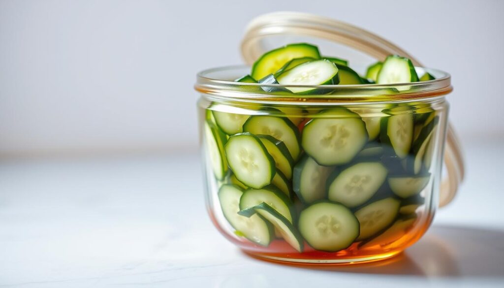 A finely crafted glass container filled with a crisp, refreshing Din Tai Fung-style cucumber salad sits on a clean, minimalist countertop. The cucumbers, sliced thinly and arranged meticulously, glisten under the soft, indirect lighting that bathes the scene in a warm, inviting glow. The container's lid, slightly ajar, hints at the flavorful marinade within, enticing the viewer to imagine the satisfying crunch and bright, tangy taste. The overall composition exudes a sense of culinary expertise and attention to detail, perfectly capturing the essence of storing leftover Din Tai Fung's famous cucumber salad.