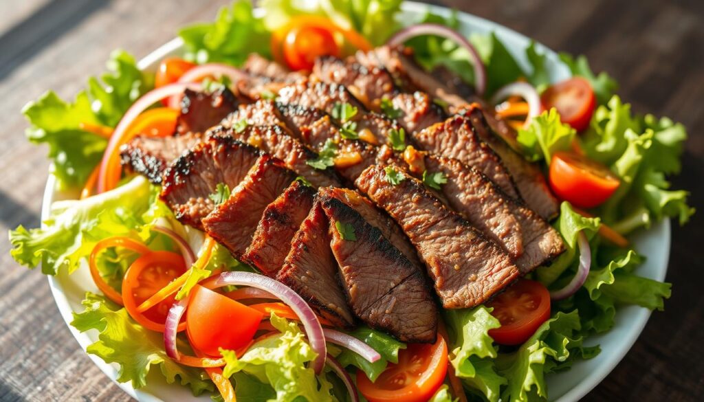 A fresh and vibrant shaved beef salad, featuring tender strips of marinated beef, crisp greens, colorful vegetables, and a zesty dressing. The beef is sliced paper-thin, seared to a delightful caramelized finish, and arranged atop a bed of mixed lettuce, cherry tomatoes, shredded carrots, and thinly sliced red onion. The whole composition is drizzled with a tangy vinaigrette, creating a harmonious balance of flavors and textures. Soft natural lighting illuminates the salad, casting gentle shadows and highlighting the appetizing details. Captured from a high angle, the image conveys a sense of freshness and culinary expertise, perfectly suited to showcase this creative and delectable shaved beef dish.