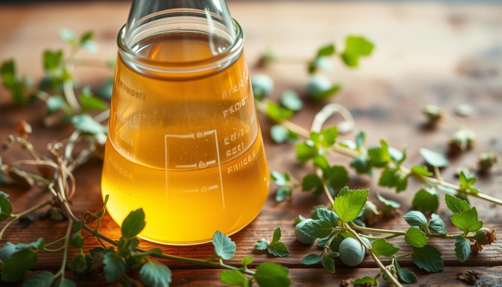 A glass beaker filled with a transparent, amber-colored liquid, resting on a wooden table. The liquid has a slightly acidic, vinegar-like aroma. Surrounding the beaker, there are various weeds, depicting the potential risks of using this homemade vinegar solution as a weed killer. The lighting is soft, creating a warm, natural ambiance, and the camera angle is slightly elevated, providing a clear view of the setup. The overall composition conveys a sense of experimentation and the potential hazards of an untested weed control method.