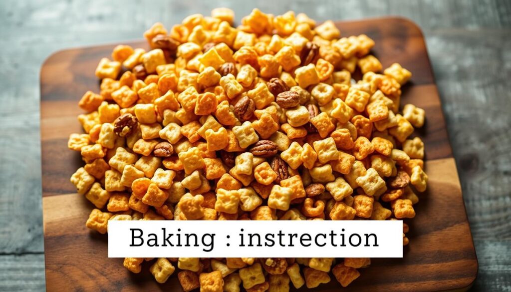A golden-brown, freshly baked batch of Chex Mix sits on a rustic wooden cutting board, its delightful aroma wafting through the air. The mixture of crispy cereal pieces, savory nuts, and flavorful seasonings is arranged in an inviting display, with a soft, even lighting illuminating the dish from above. The scene captures the homemade, comforting nature of this beloved snack, perfectly embodying the "Baking Instructions" section of the article on delicious Chex Mix.