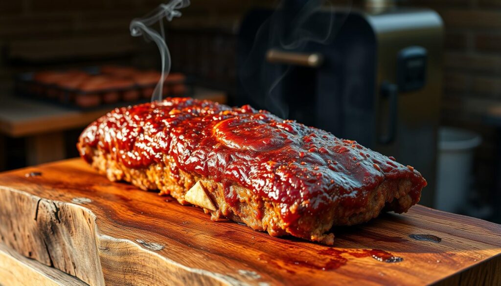 A juicy, wood-smoked meatloaf rests on a weathered oak plank, its crisp, caramelized exterior glistening in the soft, golden light. Wisps of fragrant smoke curl upwards, hinting at the depths of flavor within. The setting is a rustic outdoor kitchen, with a smoker in the background emitting a faint haze. The scene is captured from a slightly elevated angle, emphasizing the mouthwatering presentation of the dish. The overall mood is one of anticipation and culinary craftsmanship, inviting the viewer to imagine the satisfying texture and savory notes of this expertly smoked meatloaf.