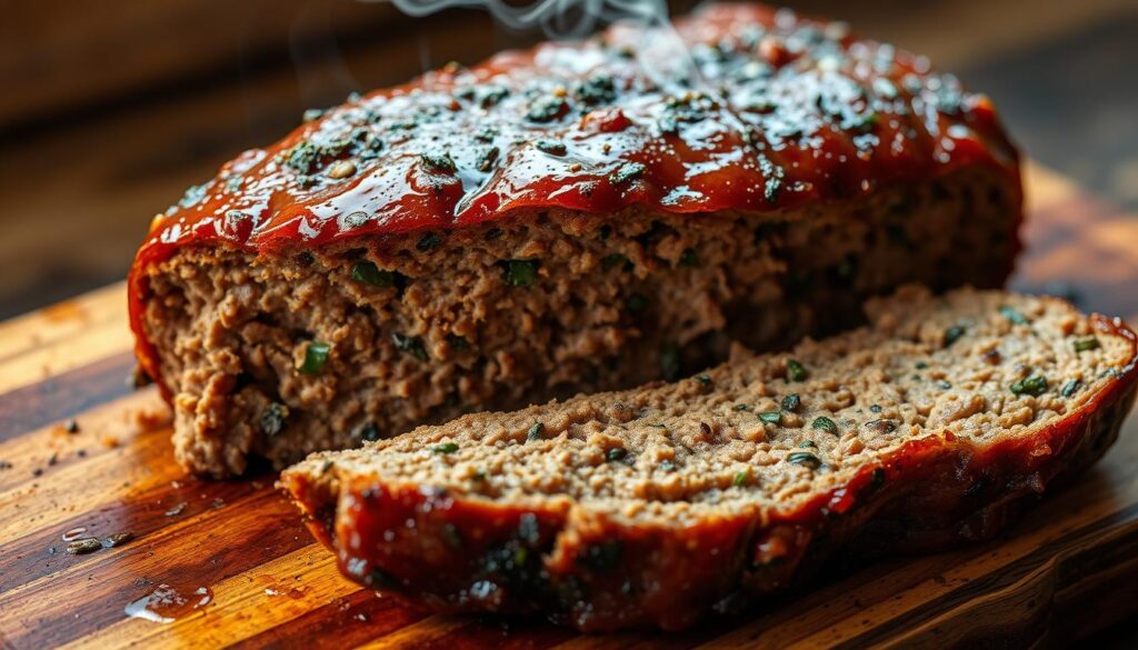 A meticulously crafted smoked meatloaf, its surface adorned with a glistening caramelized glaze, rests on a rustic wooden cutting board. Tender slices reveal a mouthwatering cross-section brimming with juicy ground beef, aromatic herbs, and savory spices. Wisps of fragrant smoke curl upwards, hinting at the care and skill used in its preparation. The lighting, a warm mix of natural and indirect sources, casts a soft, inviting glow, emphasizing the dish's texture and depth of flavor. This image captures the essence of a perfectly executed smoked meatloaf, a testament to the art of avoiding common pitfalls in this culinary endeavor.