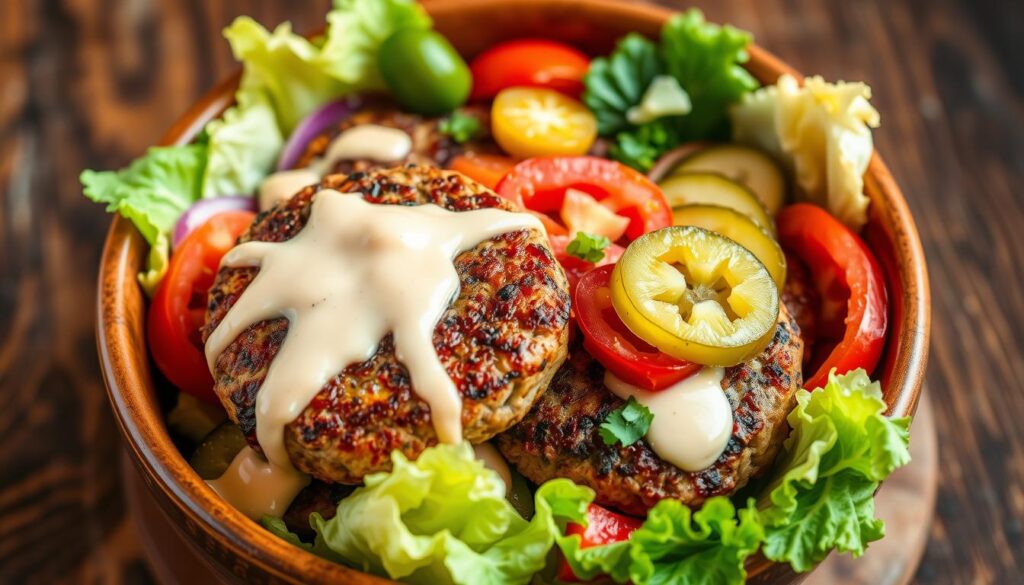 A mouthwatering assortment of juicy burger patties nestled in a hearty bowl, adorned with a vibrant array of fresh toppings. The patties sizzle under warm, soft lighting, their char-grilled edges glistening. Crisp lettuce, juicy tomatoes, and tangy pickles create a colorful and textural contrast. A creamy, tangy sauce drizzles over the bowl, beckoning to be scooped up. The scene is framed by a rustic wooden surface, lending an earthy, homemade vibe. This inviting burger bowl promises a delectable and satisfying meal, perfect for the "Best Burger Bowl Recipes to Try".