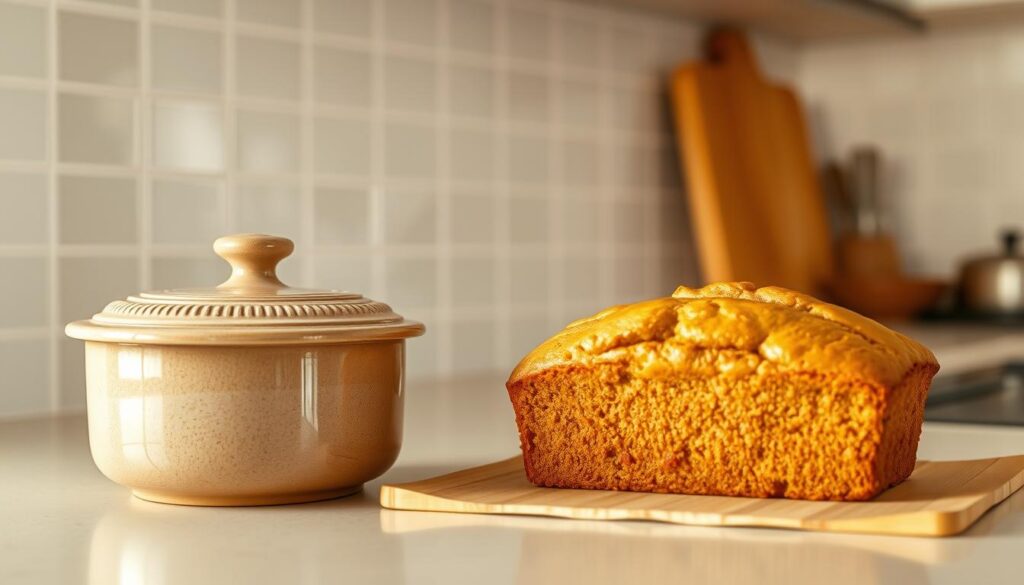 A neatly arranged kitchen counter with a freshly baked banana bread loaf, its golden crust glistening under the warm lighting. Next to it, a ceramic container with a tight-fitting lid, offering a practical storage solution to preserve the bread's moist texture and rich flavors. The background features clean, minimalist cabinetry and a subtle tile backsplash, creating a harmonious and inviting atmosphere. The composition emphasizes the importance of proper storage, showcasing the ease and convenience of storing this delectable homemade treat.