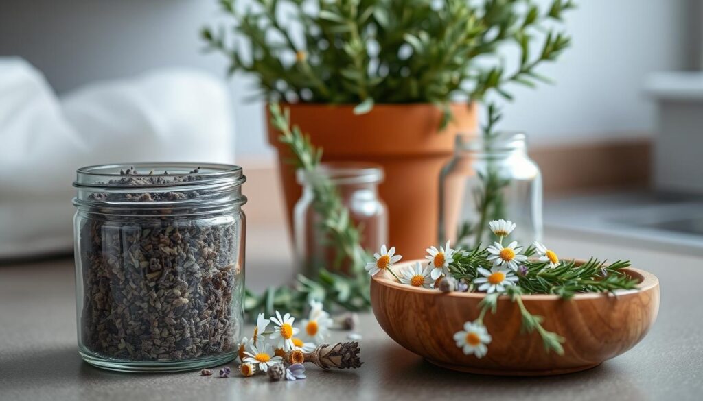 A neatly organized kitchen counter showcases an array of natural cortisol-reducing ingredients. In the foreground, a glass jar filled with fragrant dried lavender, a calming herb known to lower stress levels. Beside it, a small wooden bowl overflows with earthy chamomile flowers, their delicate petals cascading gracefully. In the middle ground, a glass container holds fresh sprigs of rosemary, their pine-like aroma exuding a sense of grounding and tranquility. In the background, a terra cotta pot houses a thriving potted plant, its lush green leaves adding a touch of natural serenity to the scene. The overall lighting is soft and diffused, creating a serene and inviting atmosphere, perfect for storing and accessing these natural cortisol-reducing ingredients.
