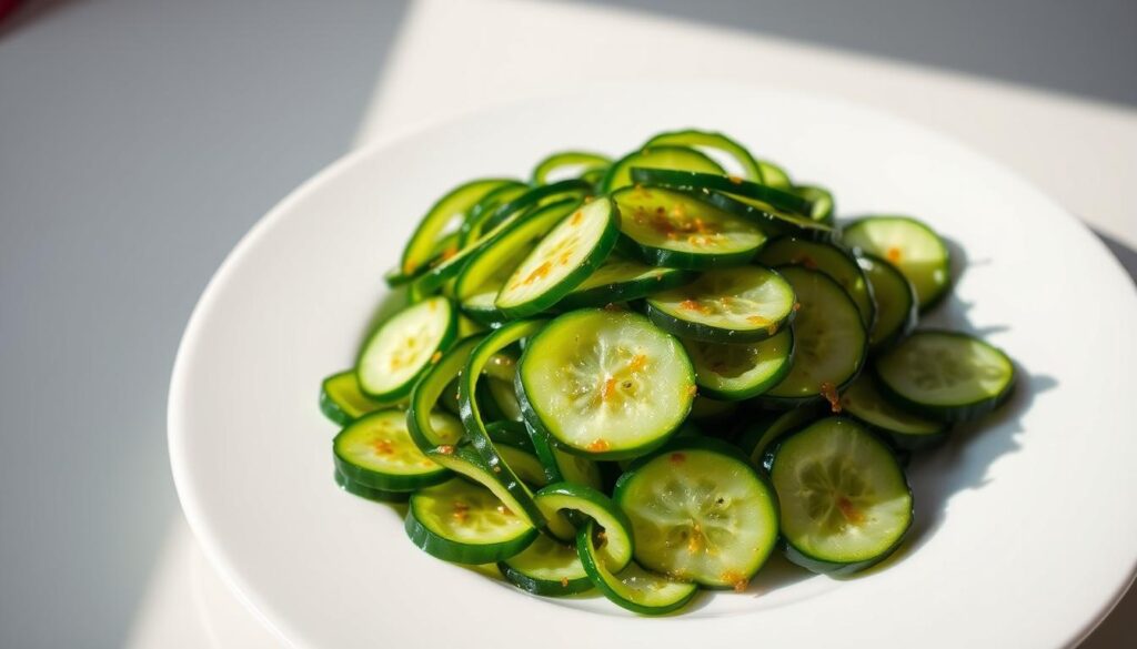 A plate of freshly prepared Din Tai Fung-inspired cucumber salad, set against a clean, minimalist background. The crisp, jade-colored cucumber slices are neatly arranged, their surfaces glistening with a light coating of a savory, tangy dressing. The salad is framed by a soft, diffused natural lighting, showcasing the translucent texture of the cucumbers and the vibrant hues. The composition emphasizes the simplicity and elegance of this classic Taiwanese dish, inviting the viewer to appreciate the meticulous preparation and flavors. The overall mood is one of calm, understated sophistication, capturing the essence of the "salting process" that is central to this recipe.
