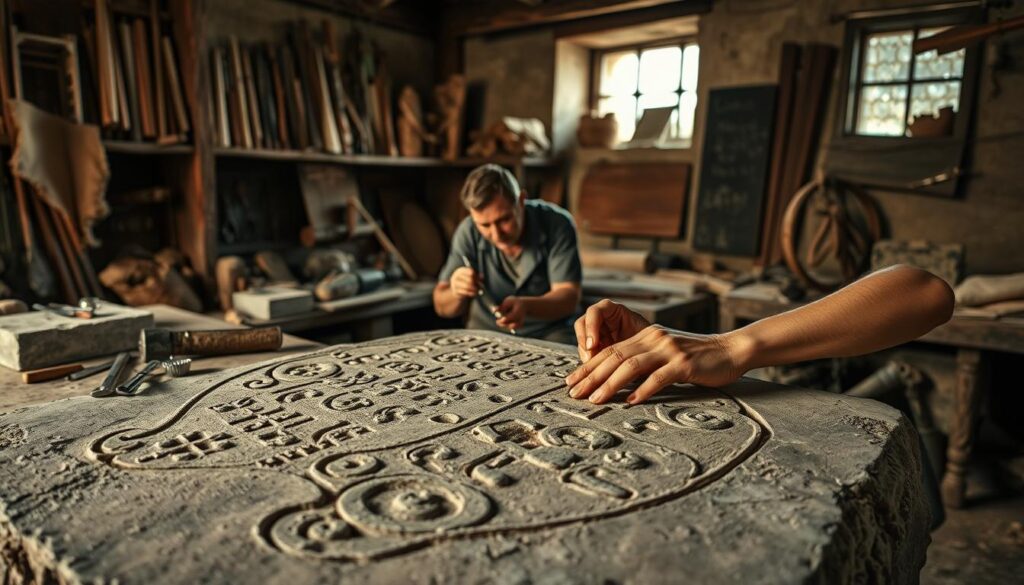 A skilled stonecutter meticulously crafting a detailed recipe on a large, weathered stone slab. The foreground shows their hands carefully chiseling intricate patterns, with tools and half-finished work scattered around. The middle ground reveals the stonecutter's focused expression, surrounded by shelves holding various chisels, hammers, and other stonecutting implements. The background depicts a rustic, dimly lit workshop, with exposed beams and a window letting in soft, natural light. The scene conveys a sense of artisanal expertise, historical authenticity, and the patient, methodical nature of the stonecutting craft.